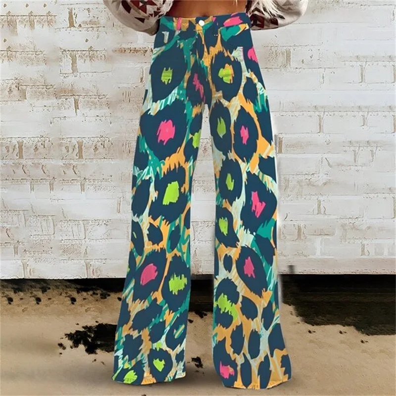 2026 Spring and autumn new leopard pattern casual wide leg pants, women's new mid waist loose trendy imitation jeans