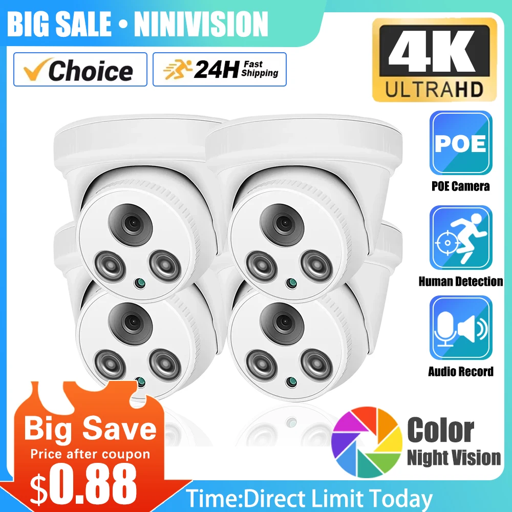 

8MP 4K White POE Audio Record IP Cameras Surveillance Color Night Vision Dome Indoor Outddor Home CCTV Video Security IP Camera