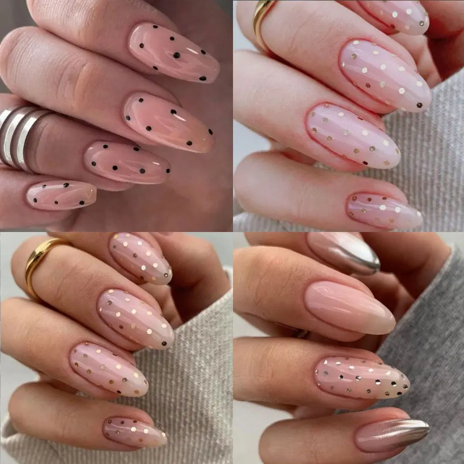 1 กล่อง 6 กริด 3D มินิรอบเล็บเลื่อม Kawaii เกาหลี Black Dot Nail Art Flake Y2K Golden Silvery Shinny Charms อุปกรณ์เสริม