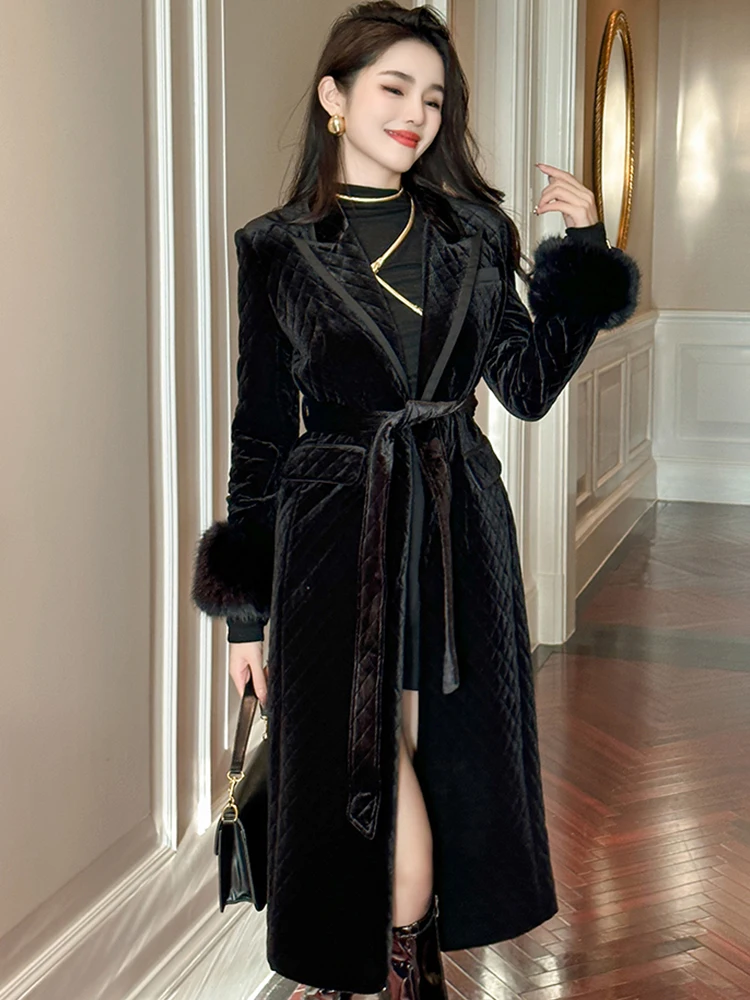 

Elegant Vintage Long Jacket for Women Black Velvet Belt Plush Coat Femme Mao Mao Cardigan Outerwear Street Party Tops Clothes