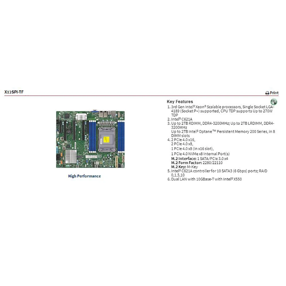 Server Motherboard For Supermicro LGA-4189 3rd Gen Xeon Scalable Processors X12SPI-TF