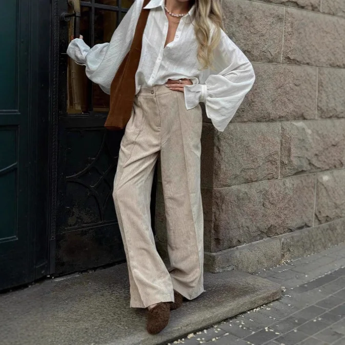 

Autumn Winter Corduroy High Waist Thin Versatile Casual Loose Fashion Wear Lazy Style Wide Leg Pants Women Europe and America