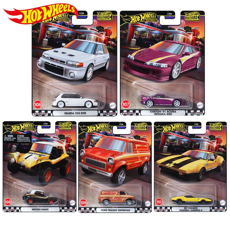 

Premium Boulevard Hot Wheels 2024 года 22 # 106-110 Mazda 323 GTR Meyers Ford Transit Supervan Tomaso Pantera 1/64 Модель автомобиля Игрушка GJT68