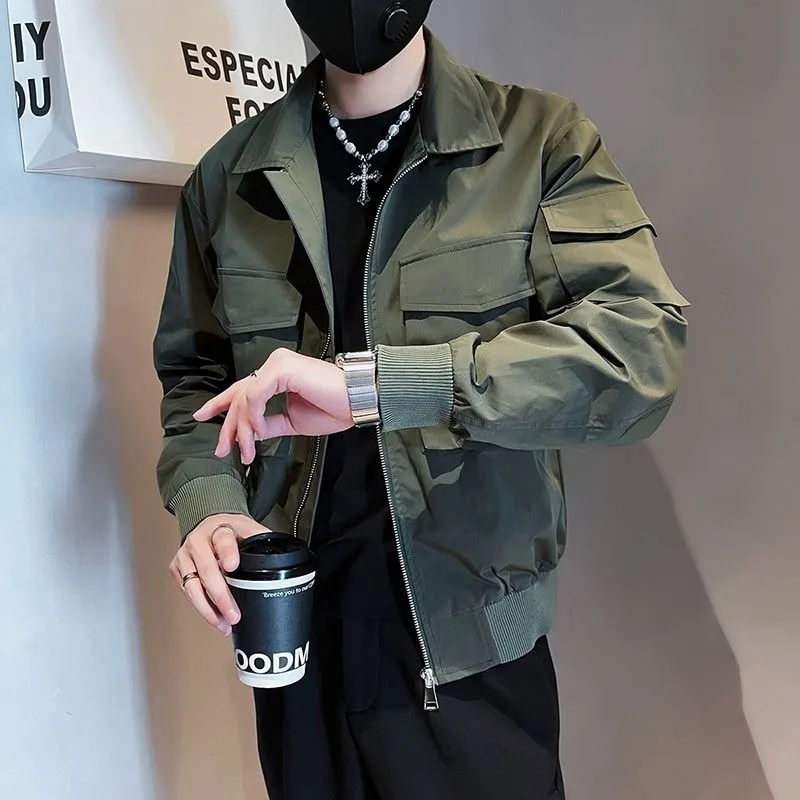 

Men's New Spring and Autumn Spliced lapel Zipper Pocket Fashionable Solid Color Loose Versatile Casual Long Sleeve Jackets