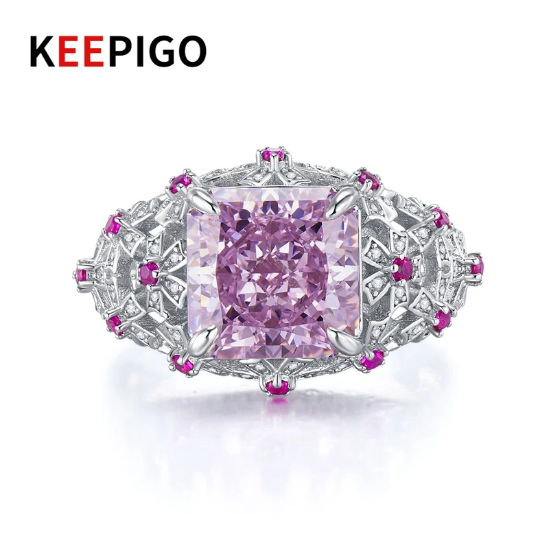 

KEEPIGO Luxury S925 Sterling Silver Pink 10*10mm High Carbon Diamond Rings For Women Sparkling Wedding Fine Jewelry Gift RA113