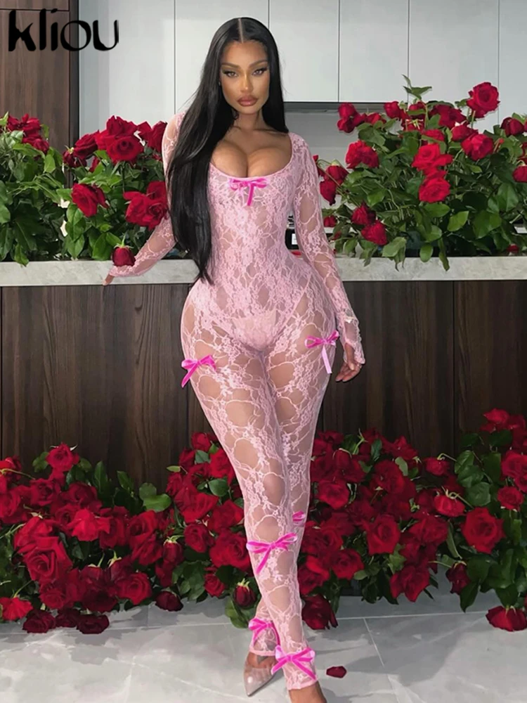 kliou Lace Bow Jumpsuits Women Solid Sexy Coquette Full Sleeve Square Neck See Through Slim Overalls Female Midnight Attirewear