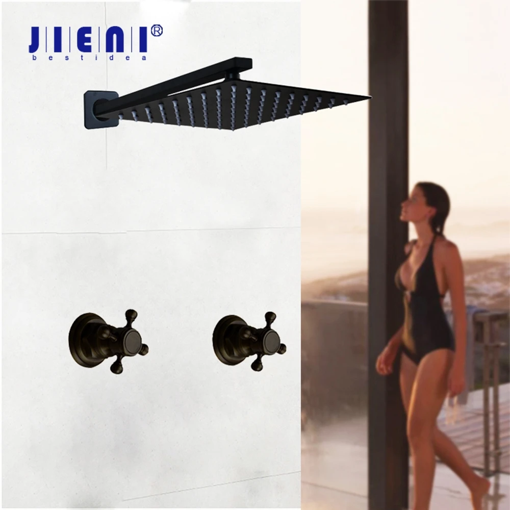 JIENI Matte Black Bathroom Shower Faucet Set Rainfall Wall Mounted Shower Systerm 8~16'' Square Shower Head W/ LED 