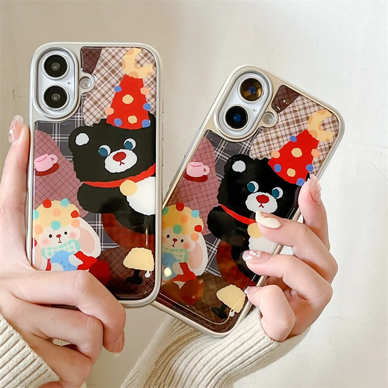 

Cartoon Oil painting Little Bear Phone Case For iPhone 16 Pro 15 13 14 Pro Max Electroplating Cover Shockproof Cases 15Pro Funda