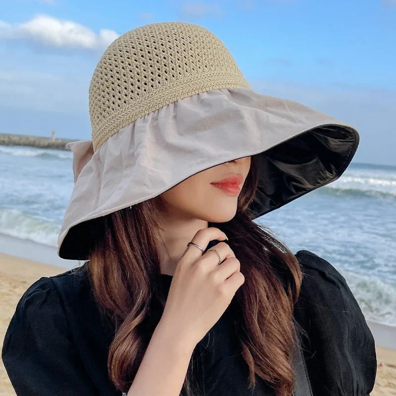 Women's Summer UV Protection Face Cover Sun-Proof Hat Air Top Big Brim Foldable Ponytail Sun Hat