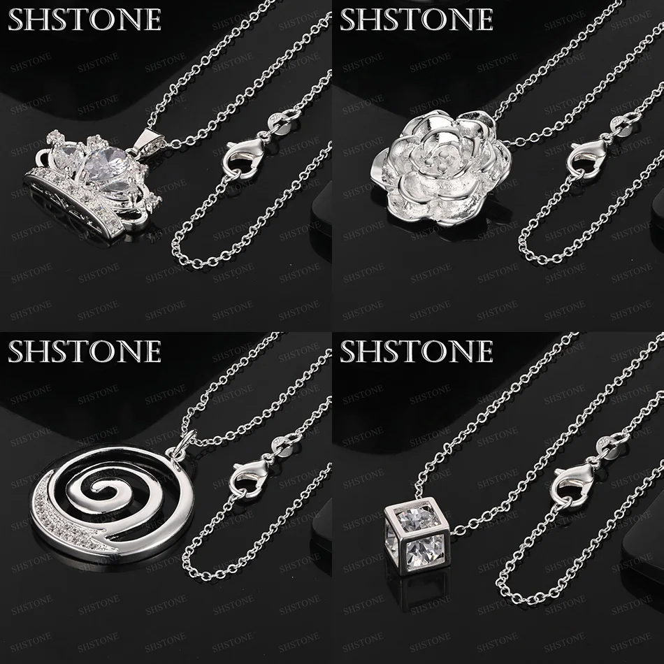 

Classic Zircon 925 Sterling Silver Crown Flower Square Spiral Circle Pendant Necklace Women Charm Wedding Party Nice Jewelry