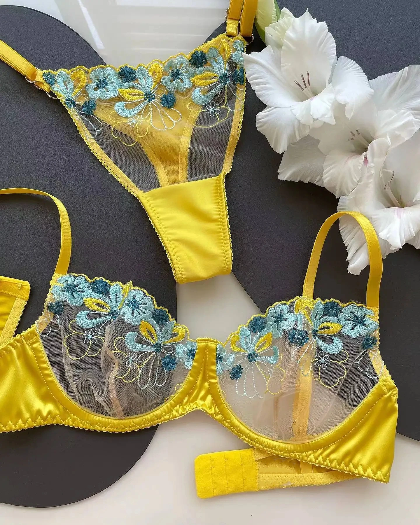 Yellow Multi-color Embroidery Sexy  See Through Mesh Two Piece Lingerie Set Perspective Lingerie Lace Bra G-String Underwear