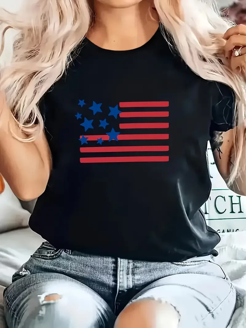 

American Flag Printed Short Sleeved Casual Women's Fashion Women's Pattern T-shirt Women's Printed Summer T-shirt