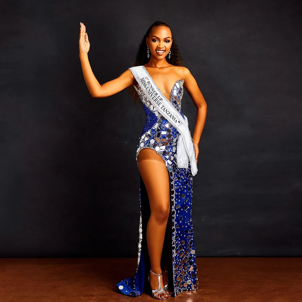 Afrika Zeemeermin Split Avondjurken V-hals Mouwloze Formele Avondjurk Bruiloft Jurk Afneembare Trein Aangepast