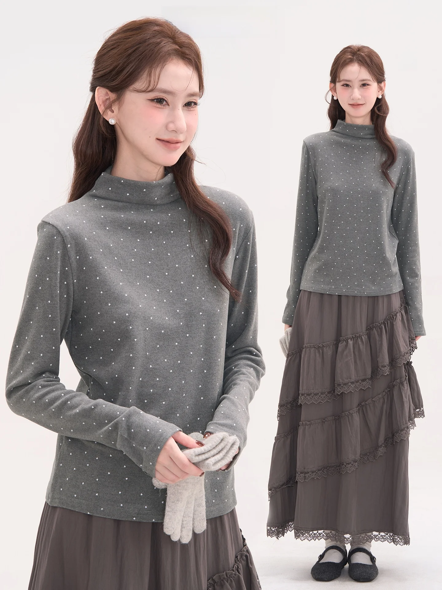 

Heme Women's Camere-Like Heart Print T-irt f High Collar Long Sve Casual Sle Stand Fit Fused Fiber Blend