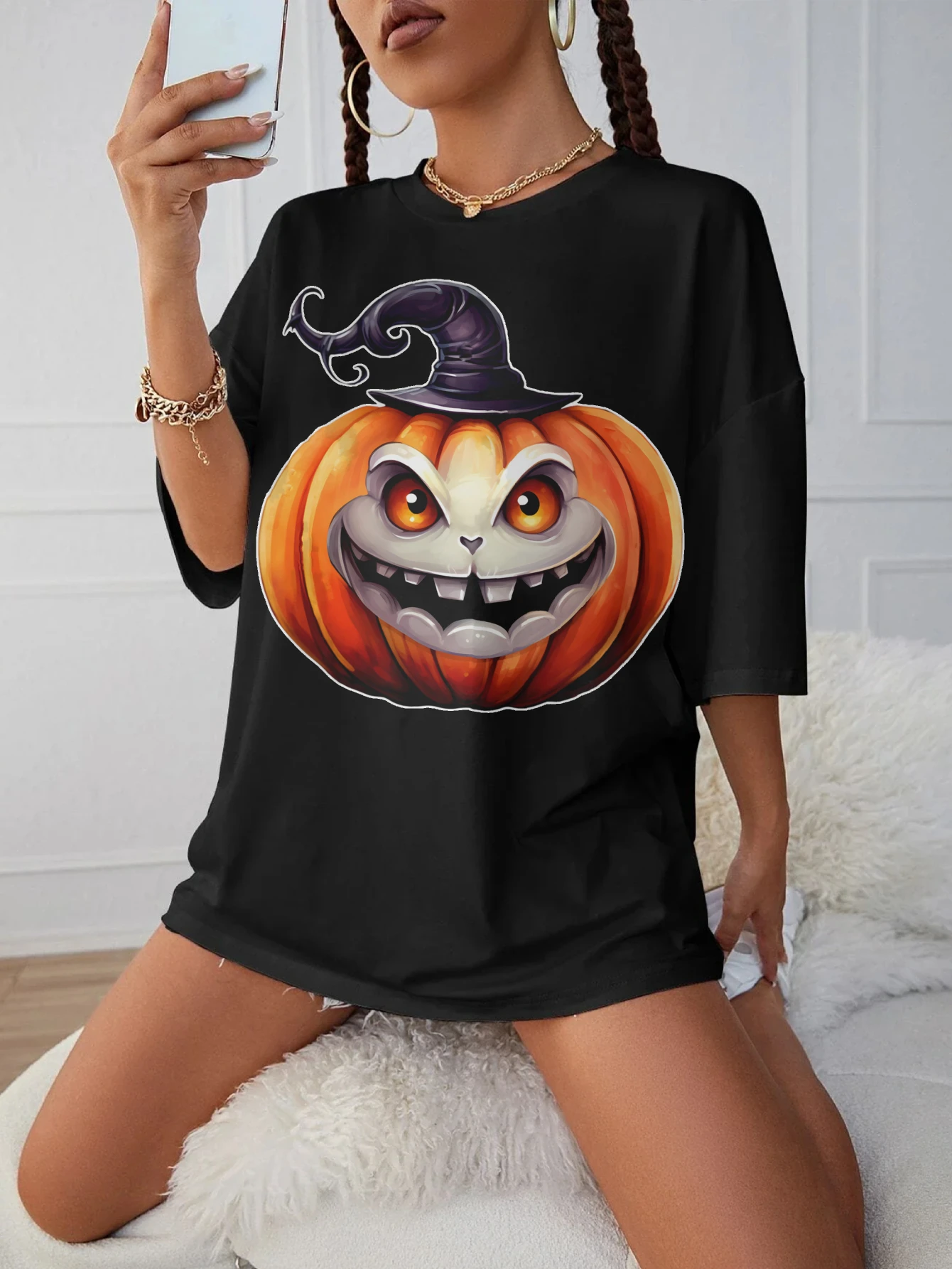 

Scary Halloween Pumpkin Women's Trendy Black Round Neck T-Shirt Loose Fit Comfortable Maternity Wear for Late Pregnancy