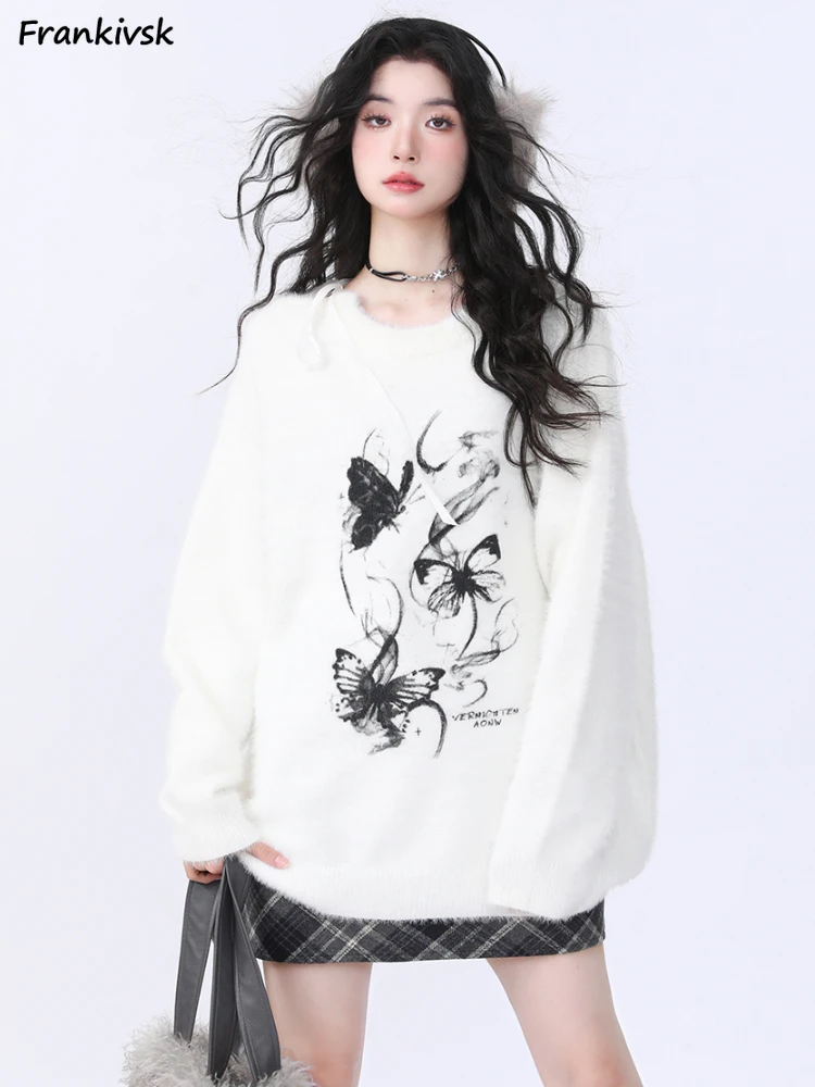 Sweater Pullovers Women Fluffy Advanced Design Lace-up Fashion Chinese Ink Painting Bufferflies Streetwear  Chic Clothes