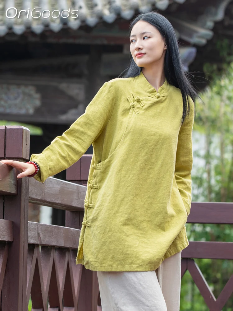 OriGoods 2024 Spring New Long Shirt Women Chinese Traditional Style Coat Shirt Ramie Cotton Japan Tai chi Liziqi Zen Tops C030