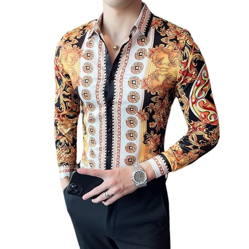 

Plus Size 4XL-M High Quality Printed Shirts Brand Clothing Men Designer Social Tuxedo Slim Long Sleeve Baroque Party Shirt