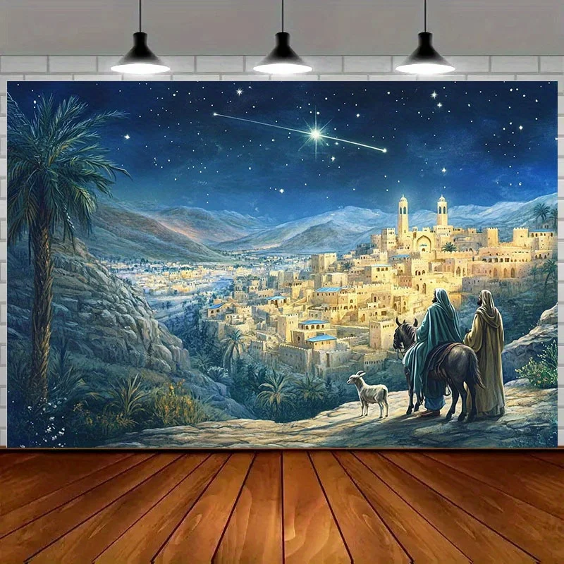 طائرة ثنائية الأبعاد قطعة واحدة معجزة عيد الميلاد: مشهد مرصع بالنجوم لبيثليهيم، يضيء زينة عطلةك! نسيج خلفية البوليستر