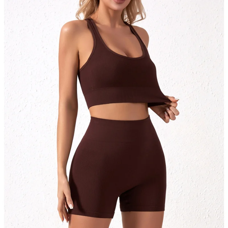New solid color work back seamless knitting bra belly compression shorts sports running fitness yoga 2 piece set image 2