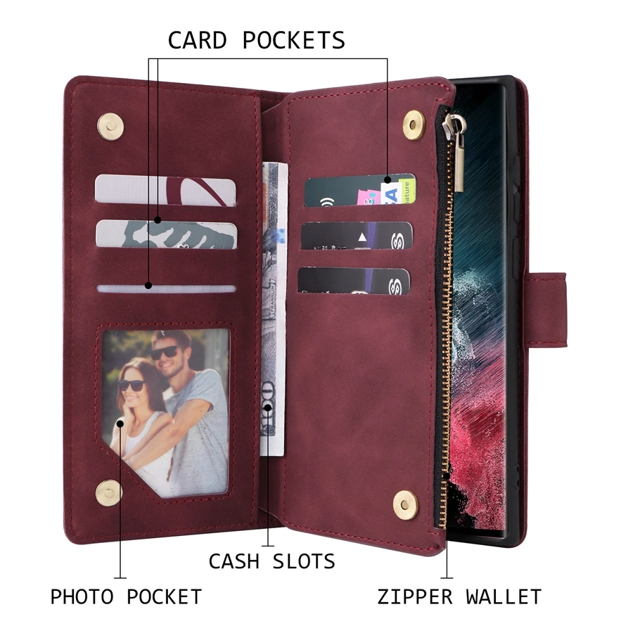 For Samsung Galaxy S23 S24 Plus S22 S21 Ultra S20 FE Wallet Multi-card Zipper Leather Case S10+ S9 Plus Note 20 Ultra 10 Lite 9