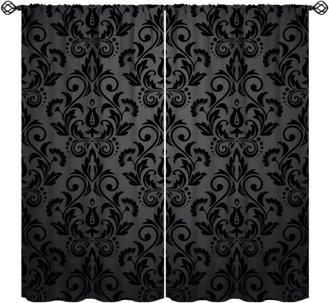 Black Damask Curtains, Antique Victorian Style Gothic Vintage Black Floral Window Drapes Bohemian Exotic Rod Pocket Treatments