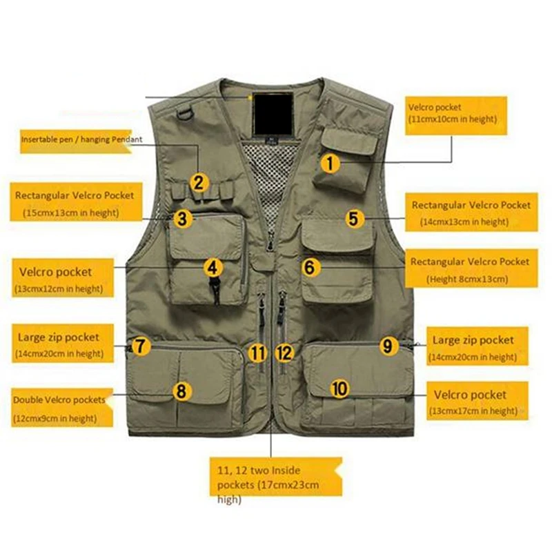 Men's Multifunctional Fishing Vest Mesh Loose Jacket Outdoor Multi Pocket Photography Fisherman Vest Khaki XL