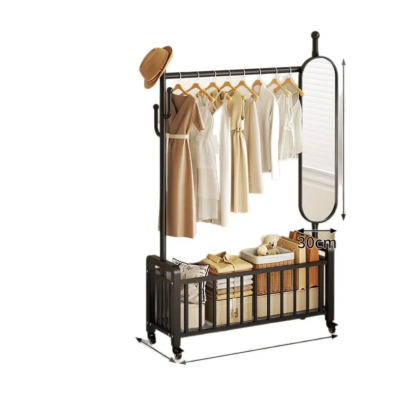 Floor to Ceiling Coat Rack with Full Length Mirror Bedroom Clothes Hanger Stand Integrated Storage Organizer for Nightwear