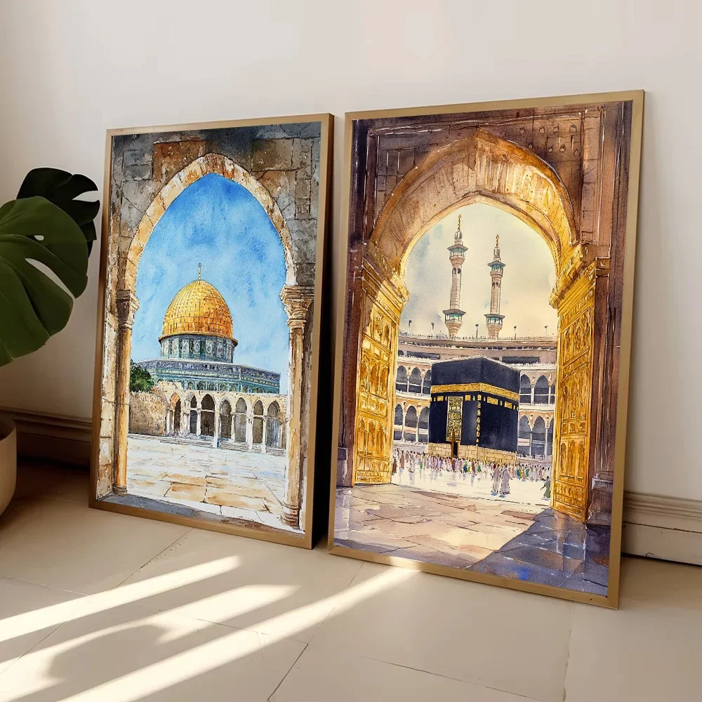مسجد القرآن الكريم كابا قماش إسلامي المشارك الألوان المائية اللوحة الزخرفية الحديثة صور غرفة المعيشة ديكور المنزل كوادروس