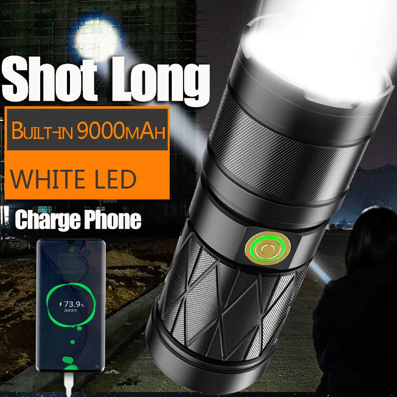 Super Long Distance Shot LED Spotlight Flashlight 9000mAh Type-C USB Rechargeable Powerful 1000000LM LED Flashlight for  Camping