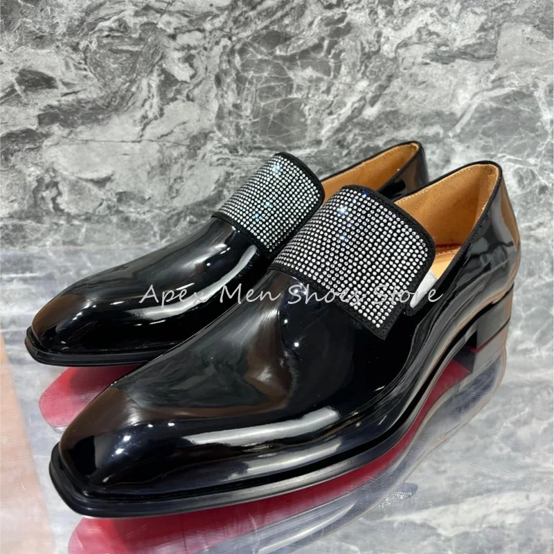 Autumn Square Toe Rhinestone Business Men's Formal Shoes Casual Slip On Flat Soles Comfortable Wedding Shoes High Quality