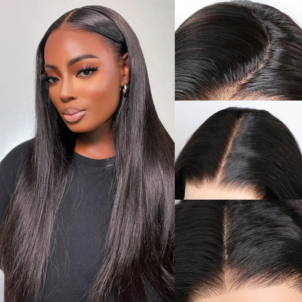 

ALIBELE Human Hair Lace Front Wig Transparent Lace Frontal Wig Straight Pre Plucked Natural Black 12A Virgin Hair Wig