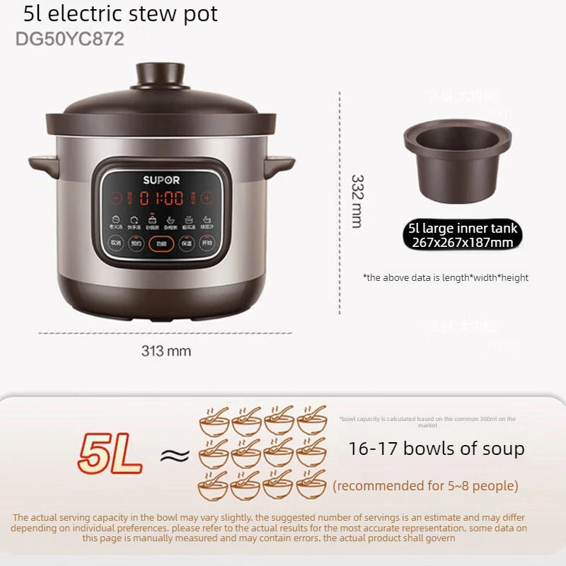 Electric Stew Pot, Purple Clay Liner Soup Cooker with Steam Vent, Boil-Dry Protection, Heat-Resistant Dual Handles for Porridge