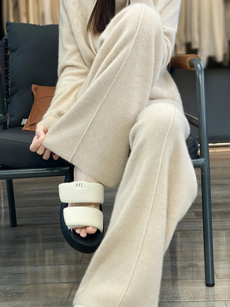 

Женские брюки TLOML из 100% мериносовой шерсти, вязаные, широкие, осенне-зимние, толстые, мягкие, теплые, повседневные, в стиле кашемирового трикотажа, удобные брюки