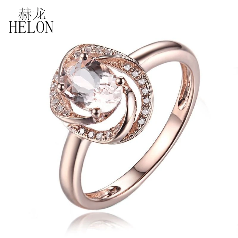 HELON Solid 14K 10K Rose Gold Oval 7x5mm Natural Morganite Diamonds Engagement Ring Women Wedding Gemstone Exquisite Jewelry