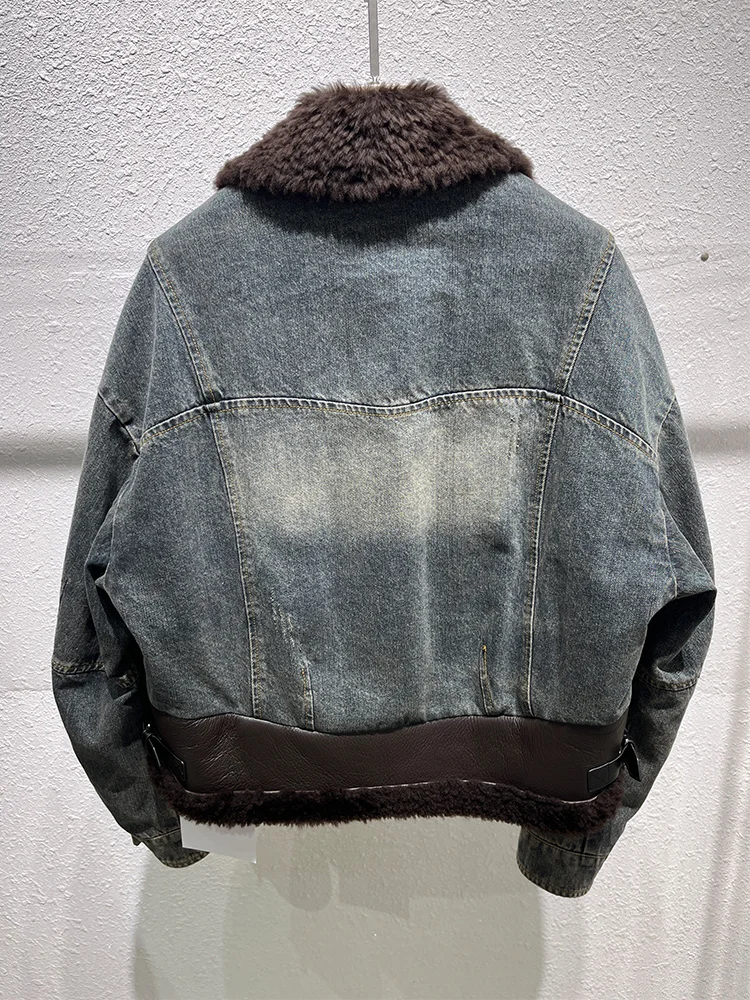 2025 Fashion Women Real Merino Sheep Fur Collar Denim Down Jacket Winter Warm Thick Luxury Clothing Parkas Female Puffer Jacket
