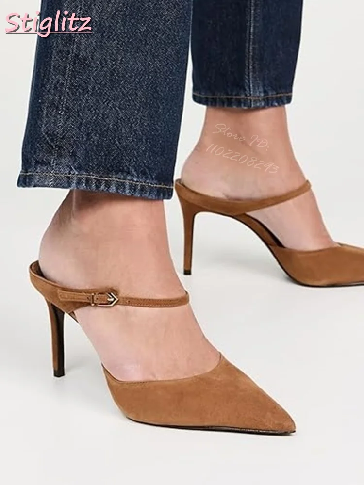 

Retro Brown Stilettos Pumps Pointed Faux Leather Shallow Buckle Straps Shoes Solid Outside Thin Heeled Slip-on 2025 Summer Women