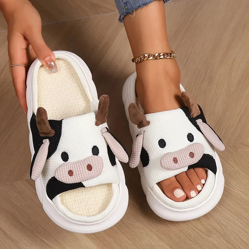 Casual Platform Slippers Women Home Cute Cow Cartoon Designer Shoes Girls 2024 Linen Fashion Chic Elegant House Slipper Big Size