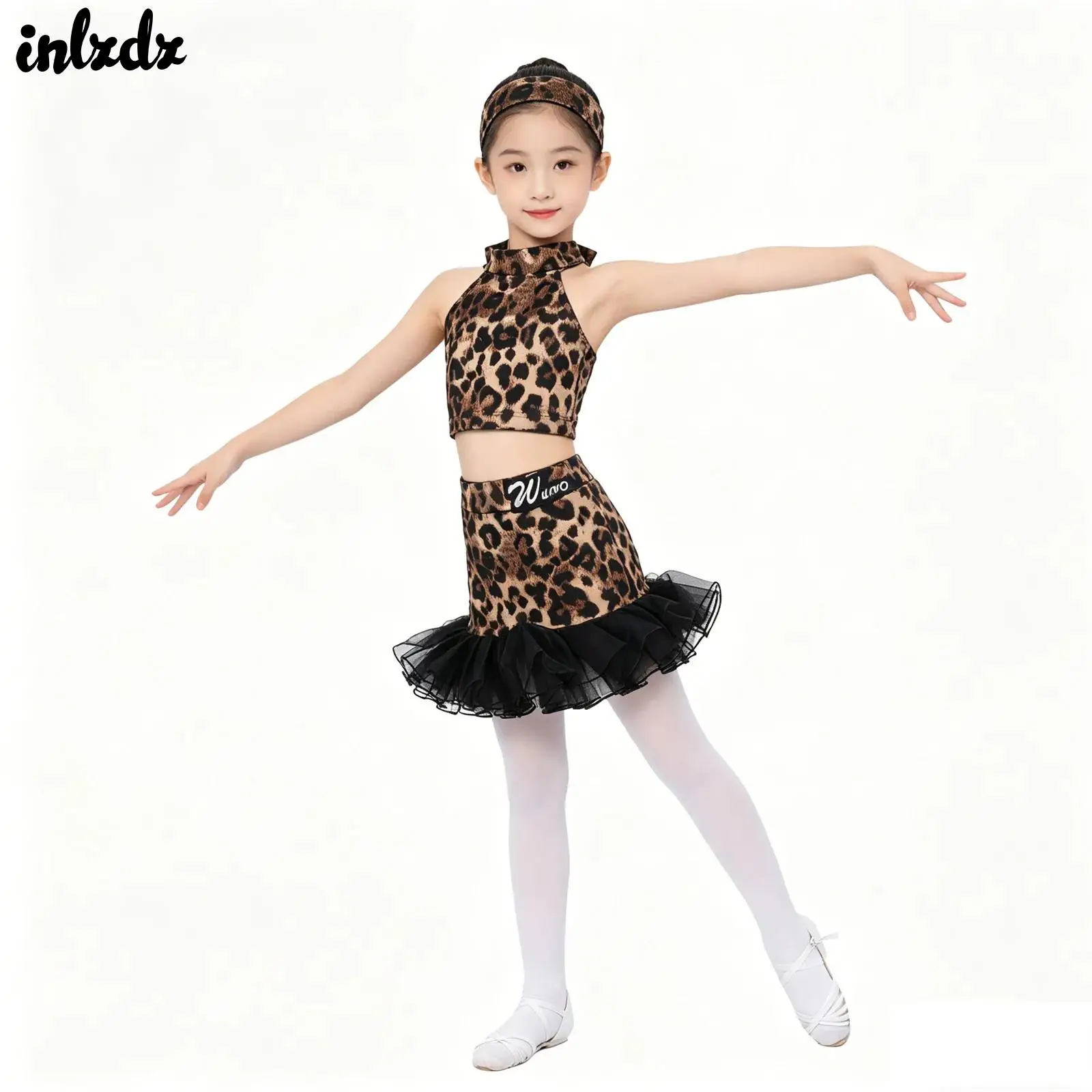 

Детский костюм для латиноамериканских танцев и фигурного катания для девочек с леопардовым принтом: топ-халтер на завязках, юбка с рюшами, повязка на голову