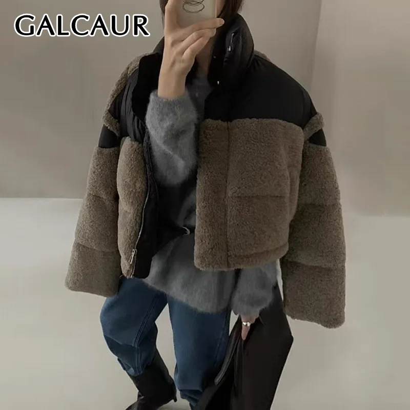 

GALCAUR Hit Color Spliced Zipper Short Jacket For Women Stand Collar Long Sleeve Patchwork Fake Lamb Wool Coat Female Winter New