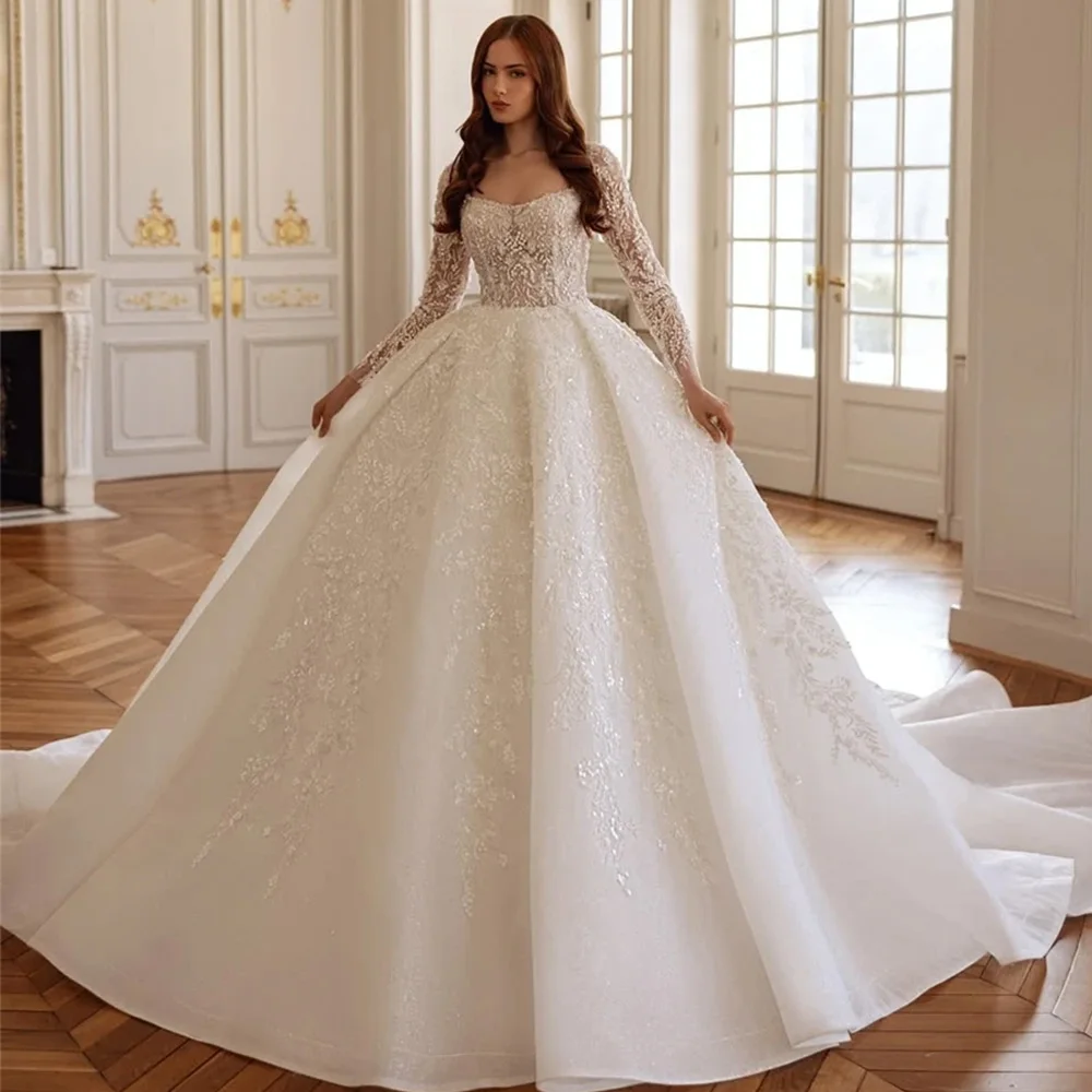 

Elegant Scoop Long Sleeves Robe de mariée Customized Sequined Organza Bridal Gowns Charming A-Line Wedding Dress For Woman Bride