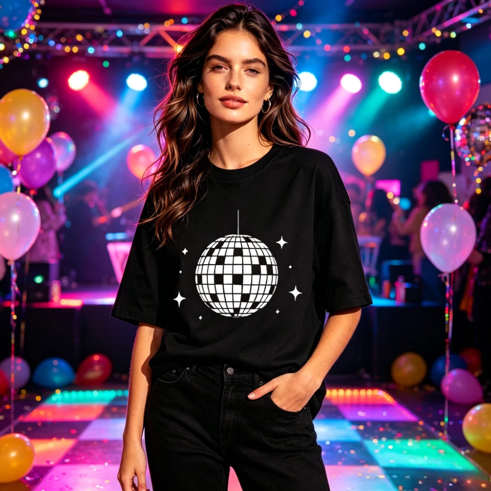 Disco Ball Graphic T-Shirt Retro 70s Party Aesthetic Tee Minimalist Disco Print Casual Cotton Short Sleeve Women Fashion Shirt