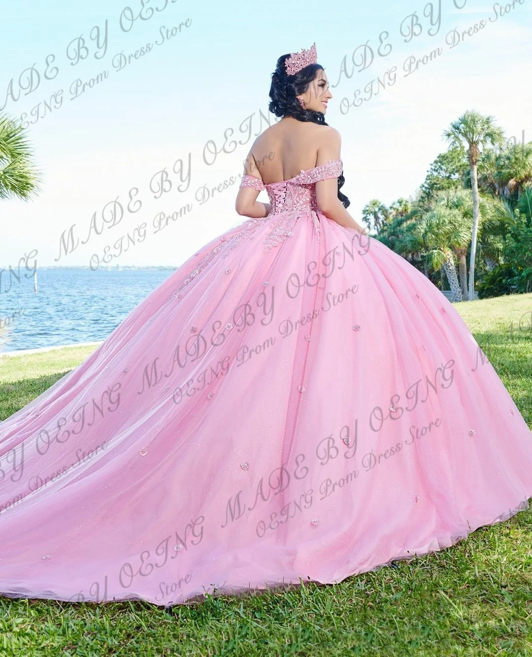 OEING Pink Quinceanera Dresses Off The Shoulder Princess Prom Dress Lace Appliques Ball Gown With Small Train Vestidos De 15