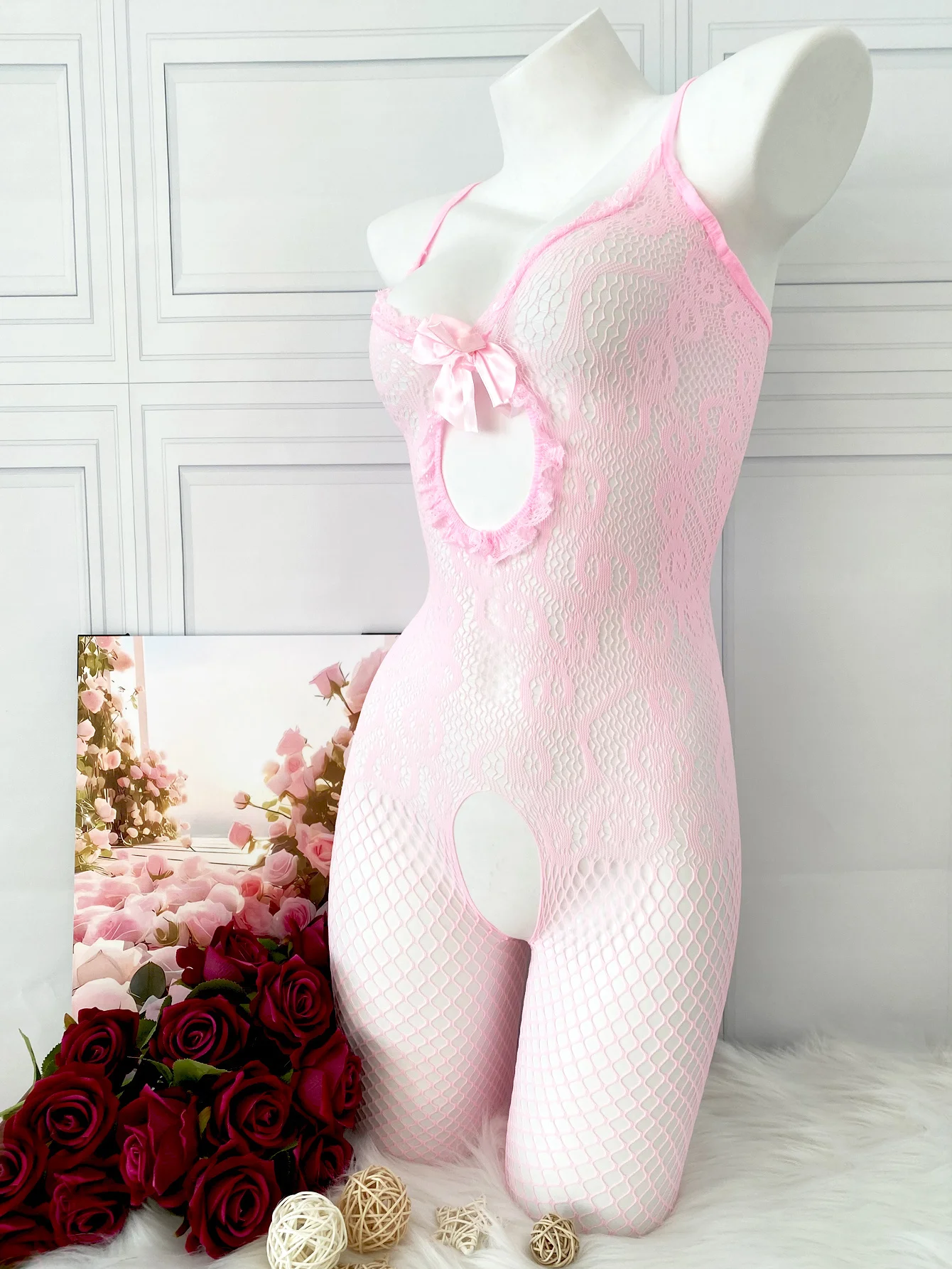1-Piece Semi-Sheer Floral Pattern Bodysuit – Sexy Cut-Out Fishnet Design, Open-Crotch Style, Perfect for Intimate Nights