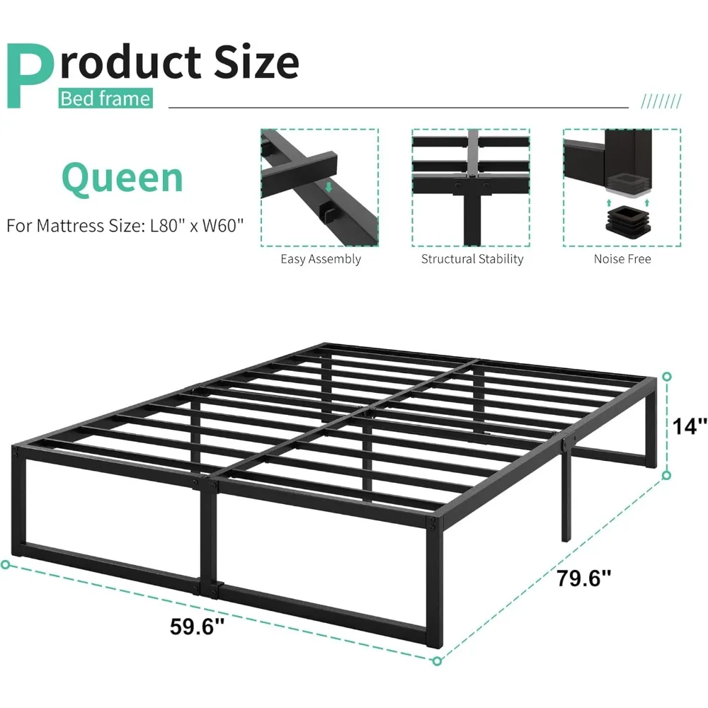 Cadre de lit Queen de 14 pouces, support à lattes en acier rapide, plate-forme métallique, pas besoin de ressort sommier, assemblage facile, noir