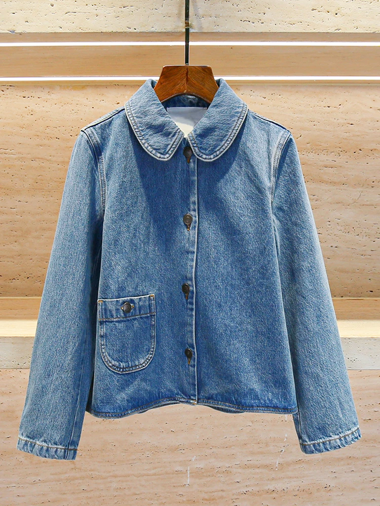 High-End Retro Waed Doll Kraag Denim irt Dames Top South Oil Premium Herfstcollectie Woon-werk Sle Loose Fit Lange Sl...