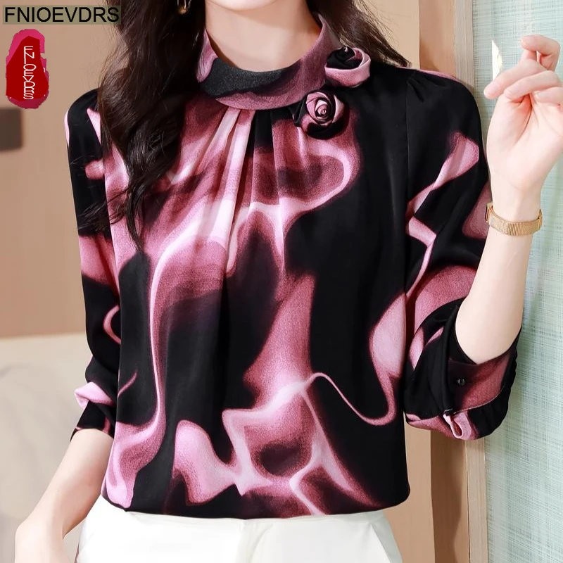 Elegante romântico design francês topos blusas femininas 2025 outono manga longa senhora do escritório gola apliques florais camisas retro