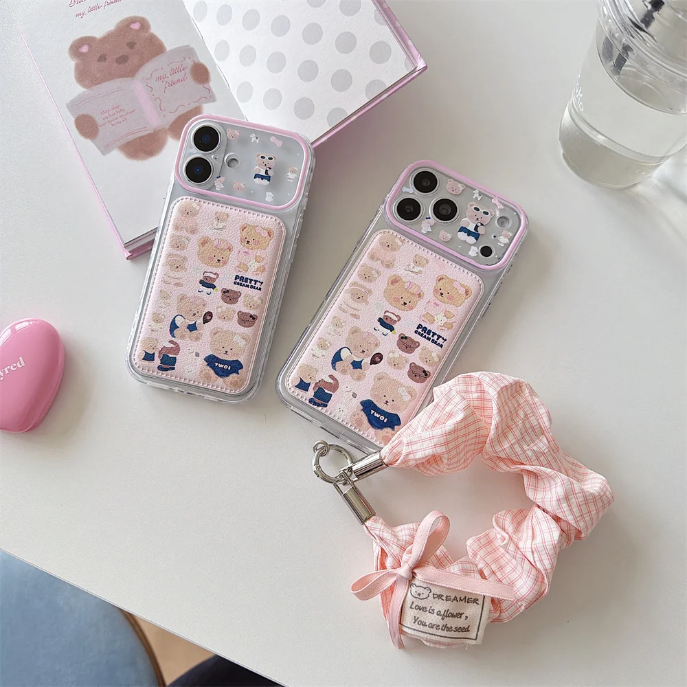 Kawaii Pink Bear Card Pocket Phone Case For iPhone 18 Pro Max 18 Pro 17 16 15 Cute Cartoon With Plaid Fabric Wrist Strap Cover