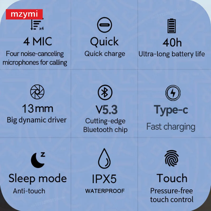 MZYMI E98 Headphone Nirkabel In-Ear Earbud Pengurang Kebisingan Headphone Suara Stereo Hifi Headset Gaming Kontrol Sentuh dengan Mikrofon