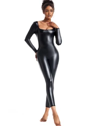 Women Leather Jumpsuit Rompers Playsuit Streetwear Overalls Paty Women's U Neck Pu Leather Clubwear Long Sleeve Unitard Jumpsuit